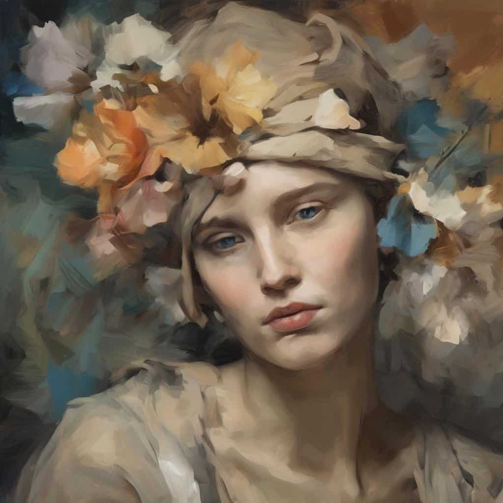 Όμορφη γυναικεία προσωπογραφία με λουλούδια και αφηρημένο στυλ, εμπνευσμένη από την τέχνη και το κόμικς.