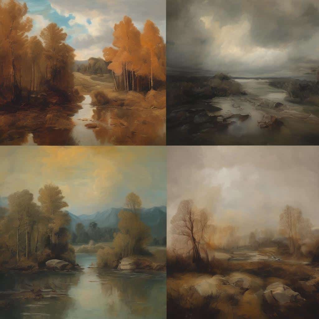 ρεαλιστική τέχνη τοπίου με στοιχεία κόμικς, αποχρώσεις του φθινοπώρου και του νερού, συνδυασμός παραδοσιακής και σύγχρονης τέχνης, ιστορίες μέσω εικόνας.