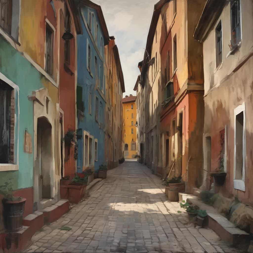 Βρετανική γραφική γειτονιά με πολύχρωμα σπίτια και πέτρινο δρόμο, τέχνη και σχέσεις στη ζωγραφική.