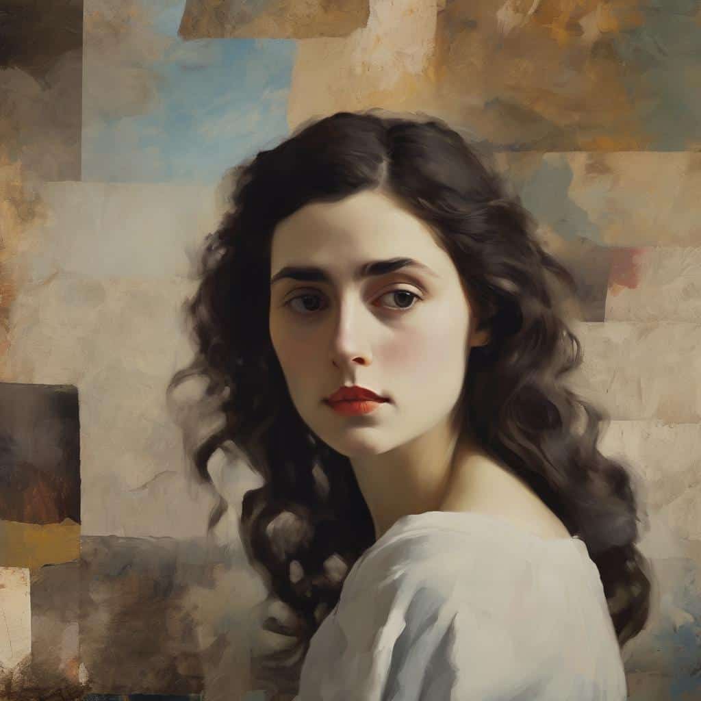 Όμορφη νεαρή γυναίκα με σγουρά μαύρα μαλλιά και γαλάζια μάτια, πορτρέτο σε καλλιτεχνικό στυλ.